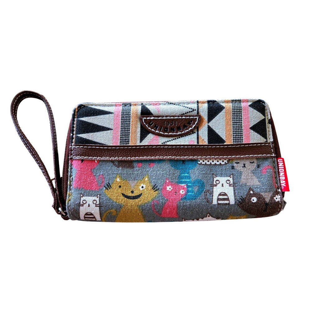 Unionbay Cute Hip Cat Print Geometric Wristlet Wallet Double Zip Organizer Multi
